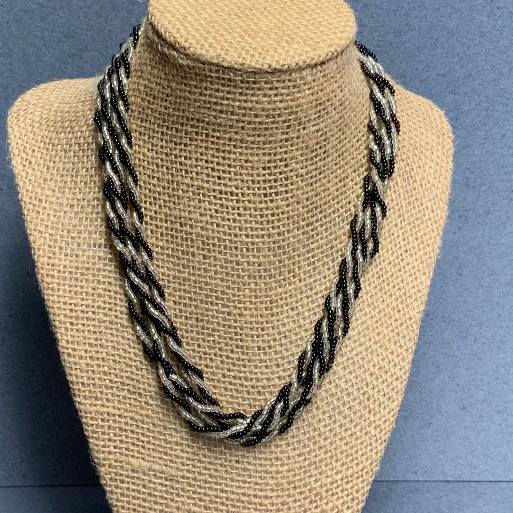 M&S Twisted Necklace 17 In Black & White Seed Bead Multi-Strand Retro Boho Glam